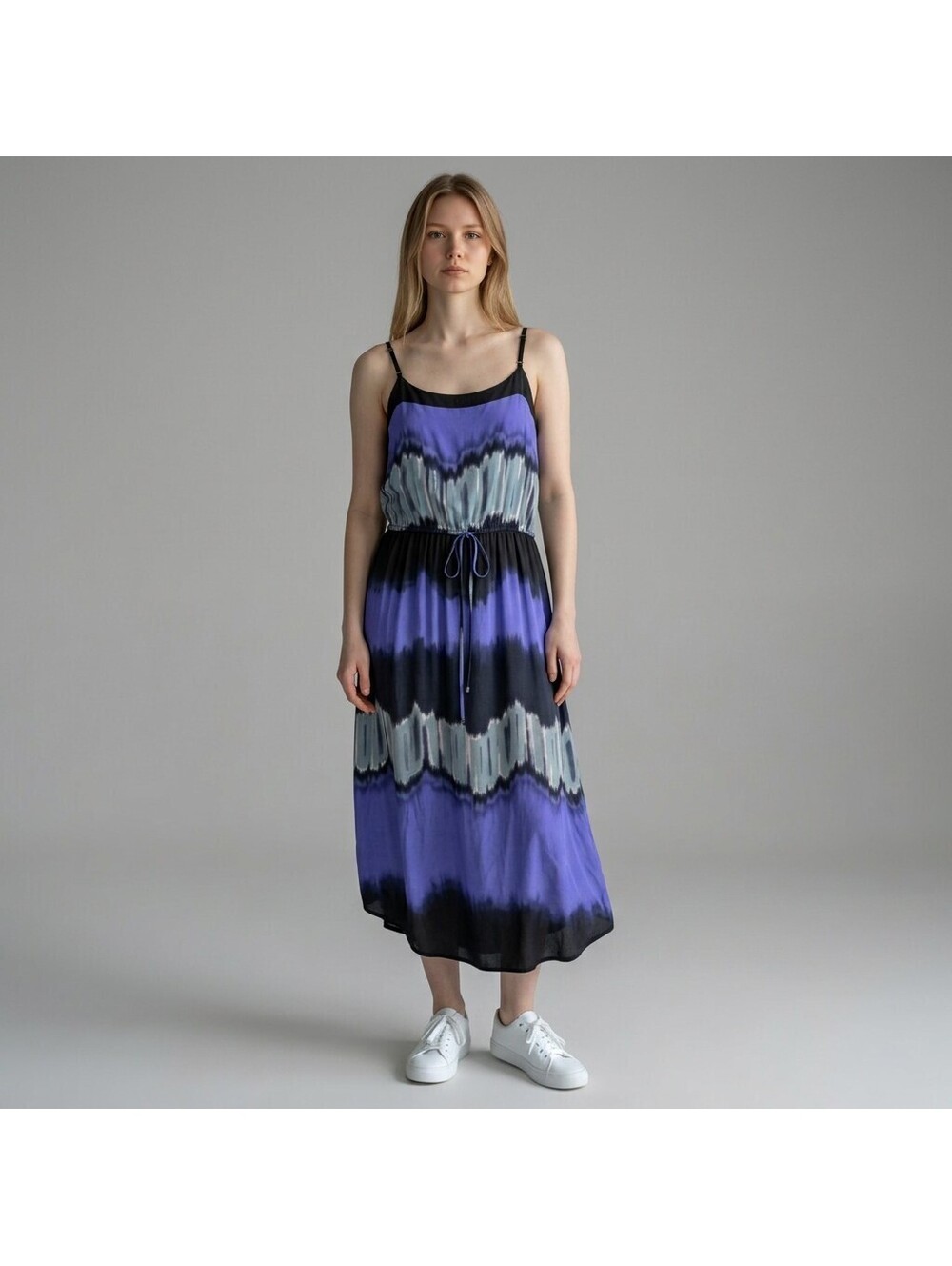 Halston Heritage Dress Women L Large Blue Striped Sheath Long Sleeveless Casual